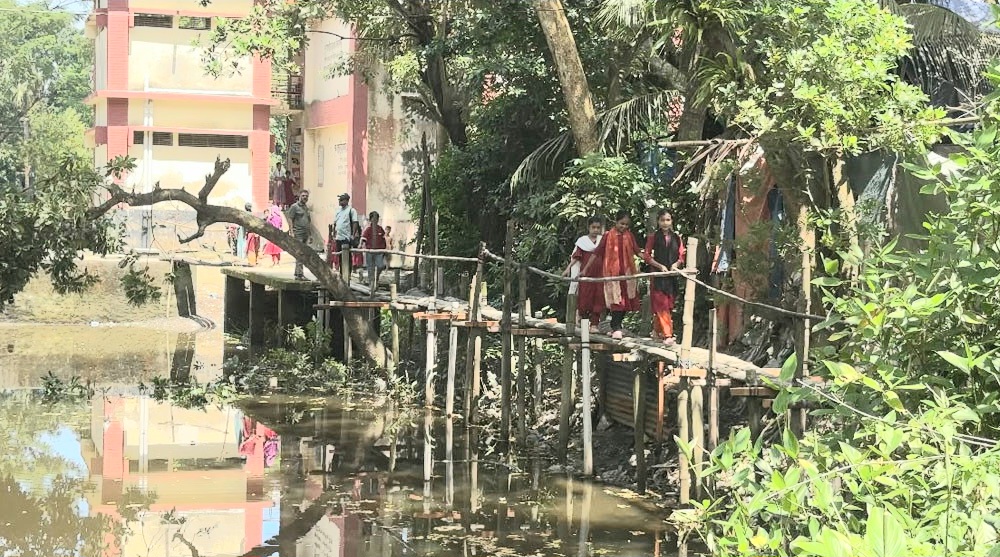 সাঁকো পেরিয়ে বিদ্যালয়ে, দুর্ঘটনার শঙ্কায় শিক্ষার্থী-অভিভাবক